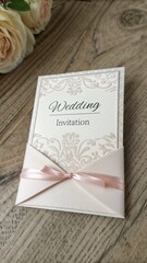Pocket-sized wedding invitation with ribbon and floral design on wooden table, wedding invitation card with rose