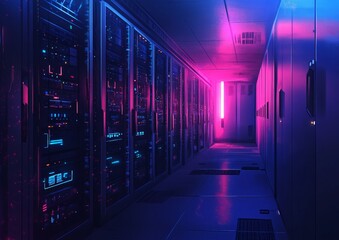 Neon-lit server room hallway; data center network infrastructure