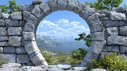 Stone archway, mountain lake view, scenic landscape, travel