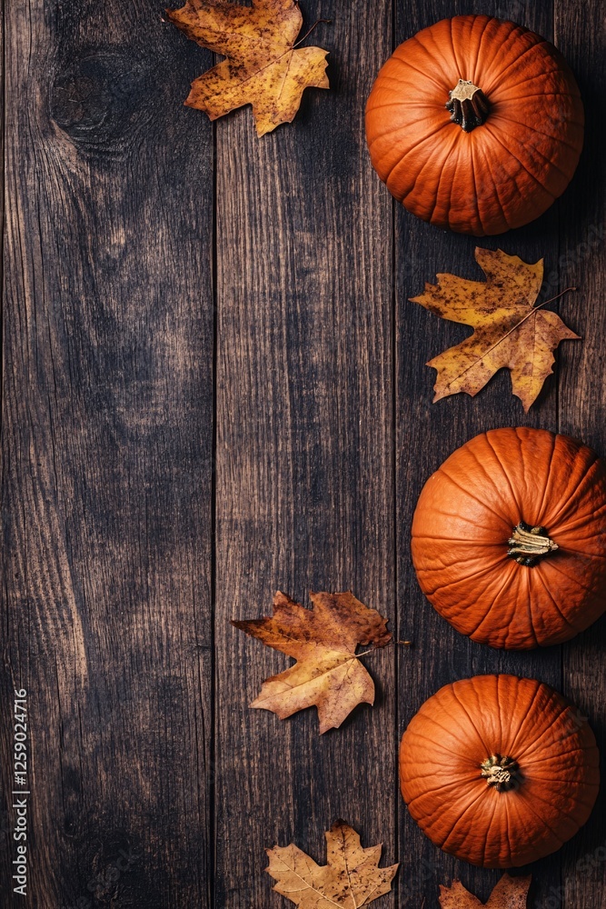 Poster rustic wood background with a border of three pumpkins and maple leaves, evoking an autumnal ambianc
