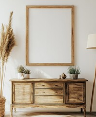 Empty frame on wooden sideboard in light living room