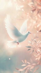 Fototapeta premium Delicate white dove soaring gracefully among softly blurred pastel leaves in a tranquil atmosphere