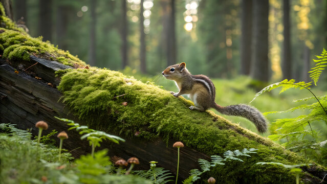 A squirrel perched on a mossy log in a lush green forest environment - Powered by Adobe