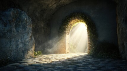 Naklejka premium Soft sunlight streams through an ancient stone doorway, illuminating the cobbled path with a mystical glow in a hidden cave