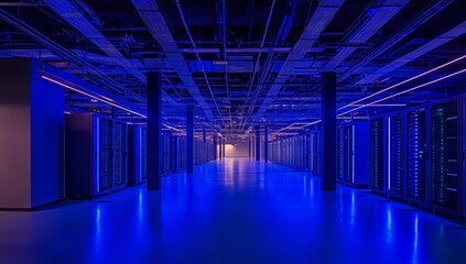 Blue-lit data center servers hallway,  network infrastructure, digital technology