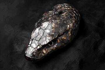 Rendered metallic snake head coiled on a black surface