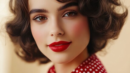 Fototapeta premium A glamorous pin-up beauty with cherry-red lips, soft curls, and vintage elegance, exuding timeless charm in a confident portrait.