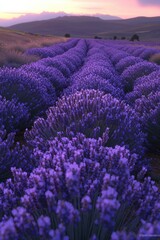 Obraz premium Lavender fields stretch across the landscape during sunset, bathed in warm hues and fragrant blooms in a serene rural setting