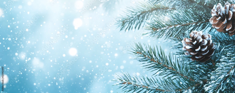 Poster christmas background with snowy pine tree branches and cones covered by snow on a blue background wi
