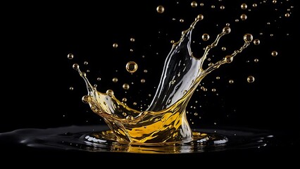 A golden liquid splash and spread against a black background. The splash forms interesting shapes and droplets