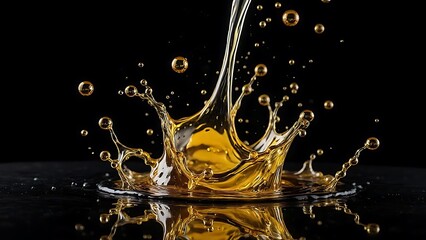 A golden liquid splash and spread against a black background. The splash forms interesting shapes and droplets