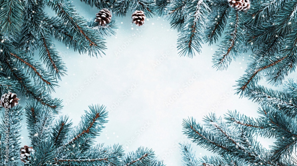 Poster Snowy fir tree branches and pine cones christmas border on a blue background with space for text