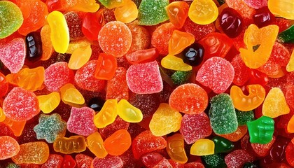 Assorted colorful gummy candies displayed in a vibrant arrangement
