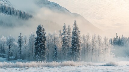 Obraz premium The sun casts a glow on the treetops and the mountain beyond a fog-covered, frozen forest