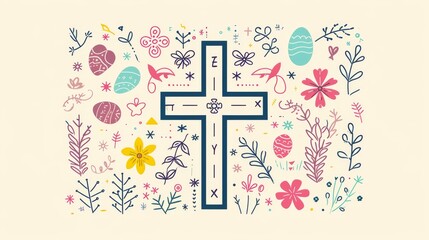 Obraz premium A beautifully illustrated cross is surrounded by colorful floral and Easter-themed elements on a light background. The design evokes joy, faith, and the spirit of celebration.