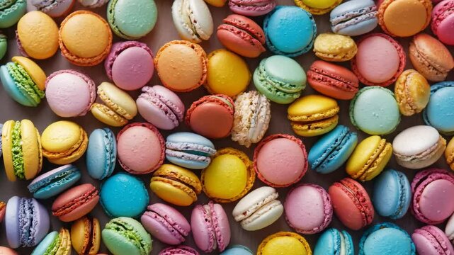 A background completely filled with assorted macarons, packed tightly together in a rainbow of colors to create a soft, delicate texture.