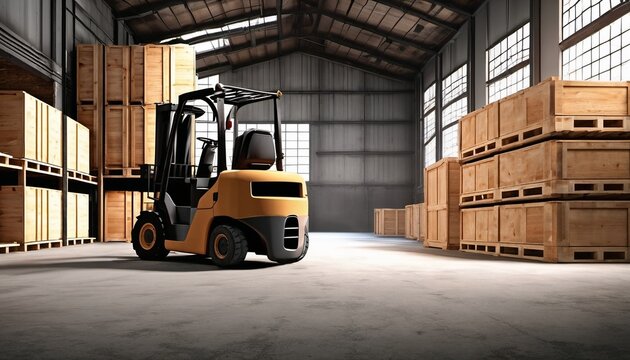 Forklift in spacious warehouse with stacked wooden crates, symbolizing logistics, material handling, and labor for International Workers' Day - Powered by Adobe