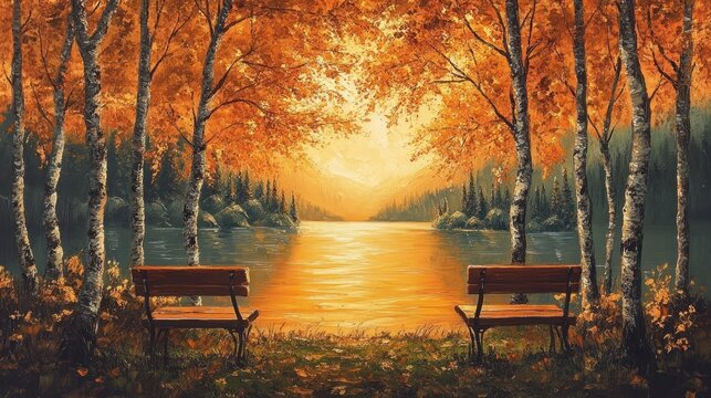 Autumnal Lake Scene With Two Empty Benches