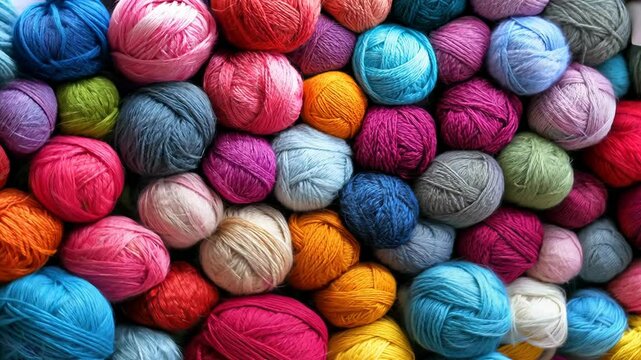 A seamless spread of knitting yarn balls in various colors, tightly arranged to fill the entire frame with their soft, cozy, and textured appearance.