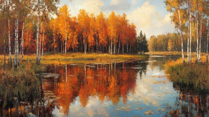 Fototapeta premium Autumnal Birch Forest Reflecting in Calm Water