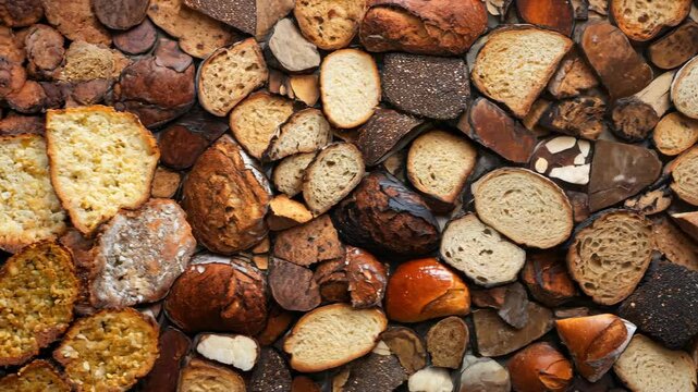 A surface densely covered with slices of different breads, including whole grain, rye, and baguette, filling the entire frame with rich, textured details.