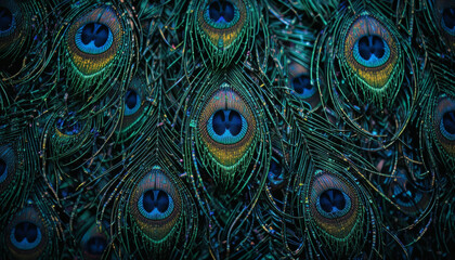 Peacock feather pattern with vibrant iridescent hues, intricate details, and mesmerizing textures for luxurious design elements
