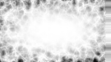 Dotted halftone overlay vignette, Black background dots on transparent, printing effect overlay.