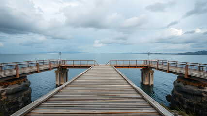 Obraz premium A wooden bridge spans a body of water, with a cloudy sky overhead