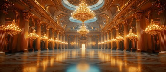 Obraz premium Opulent grand hall adorned with chandeliers, featuring intricate architecture and glowing ambiance