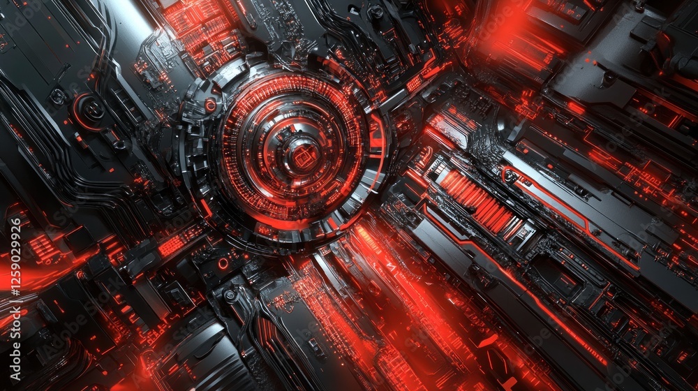 Wall mural abstract technological background with glowing red and black circuit board.