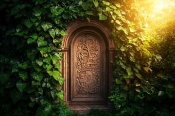 Ancient Door Surrounded by Lush Ivy with Cryptic Carvings