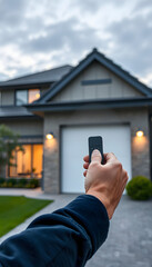 Remote control for door or garage or gate in male hand on white background. Modern technologies and home protection, dinamic scene. with white shades