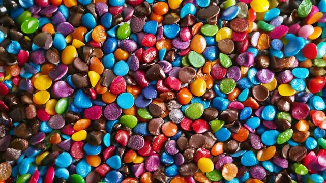 A seamless spread of rainbow-colored candy-coated chocolate pieces, tightly arranged to fill the entire frame with their bright, sugary textures.