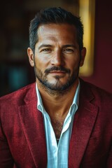 Obraz premium Sophisticated man in maroon jacket poses confidently in a stylish indoor setting during evening hours