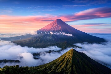 Serene Isolated Mountain Peak Above Clouds Bathed in Soft Light