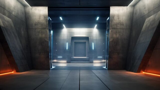Modern dark room or garage, futuristic interior of concrete hallway with sliding gates and orange light, concept of game. 