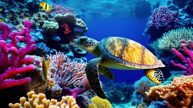Coral reef with wild sea turtle and fish, tropical ocean underwater life, concept of wildlife, water. 