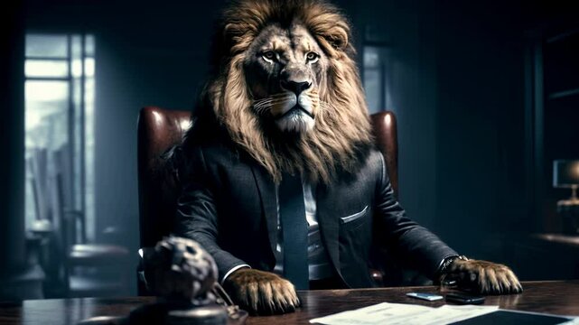 Lion wearing business suit in office, strong boss with head of animal, concept of businessman, manager, leader, character. 