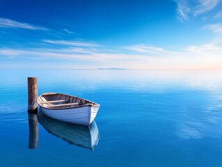 Obraz premium Serene Rowboat Drifting on a Placid Lake under a Clear Sky