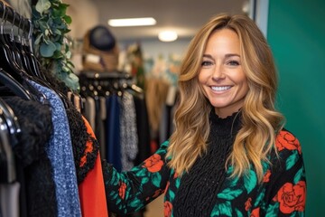 Obraz premium Smiling caucasian female adult shopping for fashionable clothing in boutique