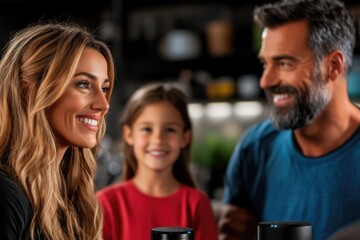 Obraz premium Family enjoying smart home technology with smiling child and parents
