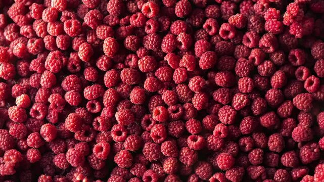 A dense arrangement of raspberries filling the whole space, their delicate, bumpy texture covering the entire view in bright red.