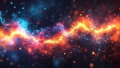 Naklejka premium Abstract cosmic field with glowing positive and negative ions, vibrant electric arcs, and balanced energy flow.