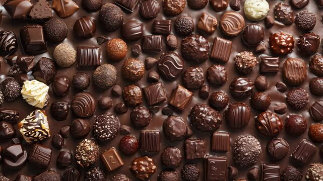 A surface densely covered with assorted chocolates in various shapes and fillings, filling every inch of the frame with their glossy, decadent texture.