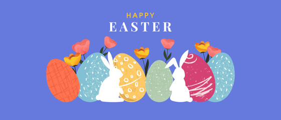 Happy Easter card. Trendy Easter design with Easter eggs, flowers and bunnies. Horizontal poster, banner, header.