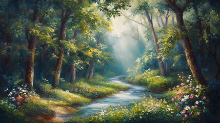 Obraz premium Serene Forest Stream Magical Sunlight Illuminates a Peaceful Woodland Path