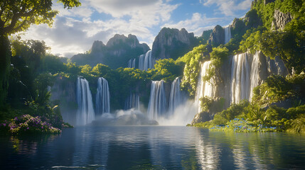 Naklejka premium Serene Paradise Majestic Multi-Tiered Waterfall Cascading into a Tranquil Lagoon
