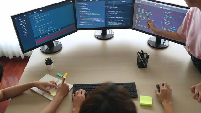 Back end software developer engineer for computer programming working together on debugging writing computing code, solving complex algorithms display on monitor in office. Burgeoning