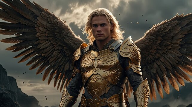 A golden armored warrior with large wings stands confidently in a fantasy setting surrounded by dark clouds and a rugged landscape embodying strength and valor - Powered by Adobe