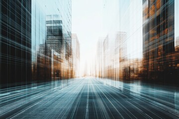 City street, sunrise, speed, motion blur, skyscrapers, urban, future, technology, business, finance